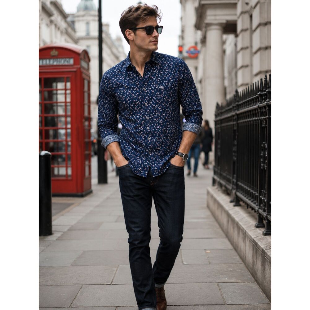 Steel & Jelly London Navy Floral Button-Down Shirt Men’s Size M 100% Cotton